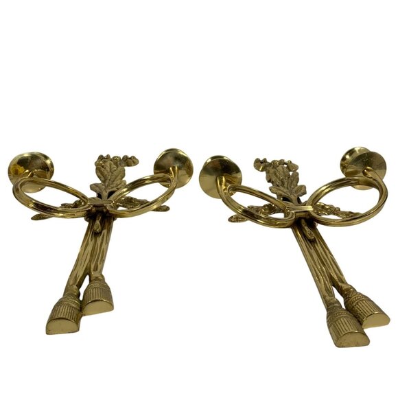 PAIR Ornate Bow Ribbon/Tassel Horn Vintage Brass Wall Sconce Candle Stick Holder - Picture 3 of 6